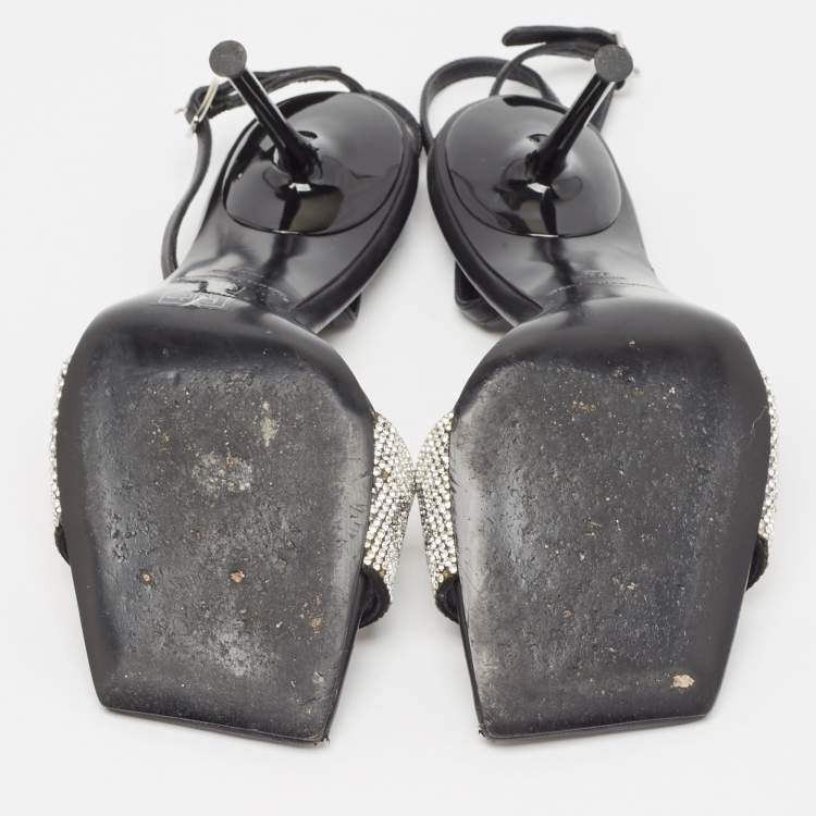 Pre Owned Alexander Wang Black Leather Crystal Embellished Julie Sandals Size 37