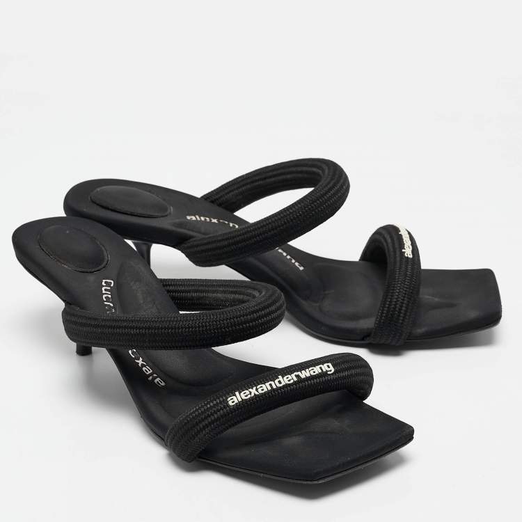 Pre Owned Alexander Wang Black Fabric Logo Print Slide Sandals Size 37