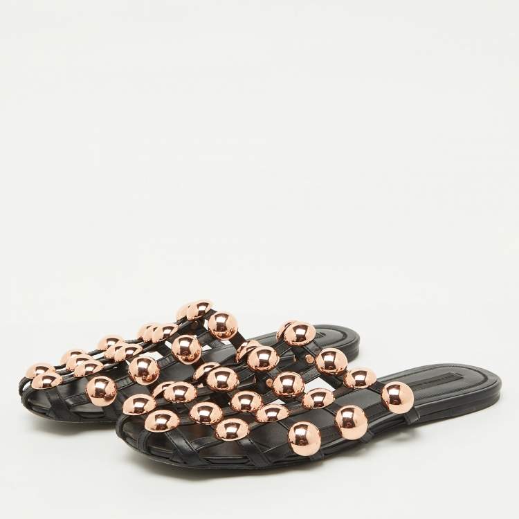 Pre Owned Alexander Wang Black Leather Amelia Studded Flat Mules Size 38
