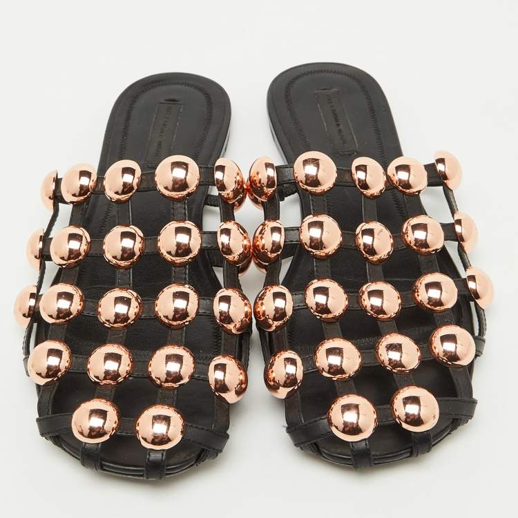Pre Owned Alexander Wang Black Leather Amelia Studded Flat Mules Size 38