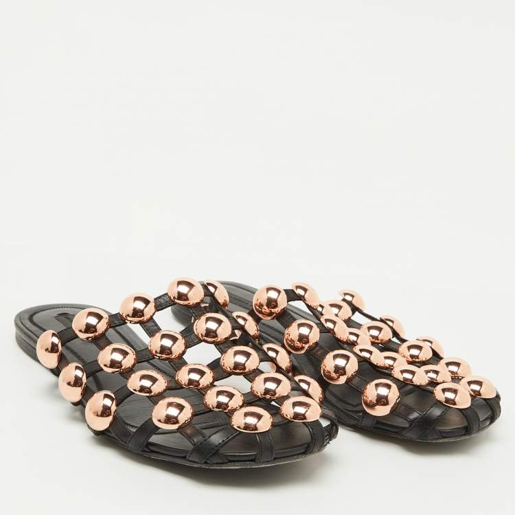 Pre Owned Alexander Wang Black Leather Amelia Studded Flat Mules Size 38