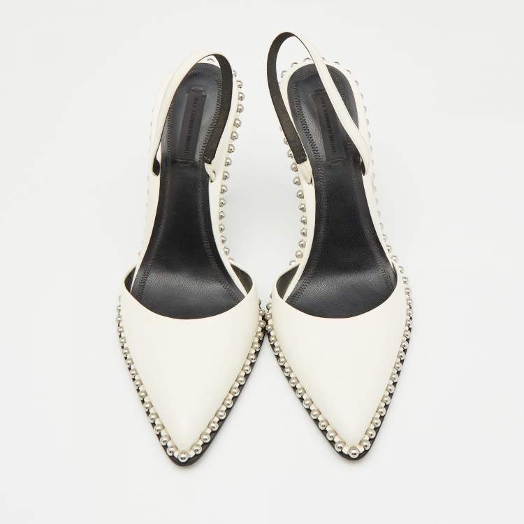 Pre Owned Alexander Wang White Leather Studded Rina Slingback Pumps Size 38.5