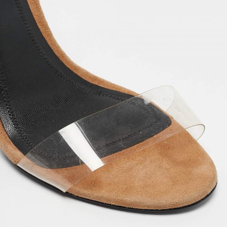 Pre Owned Alexander Wang Beige PVC and Suede Crystals Embellished Ankle Strap Sandals Size 38.5