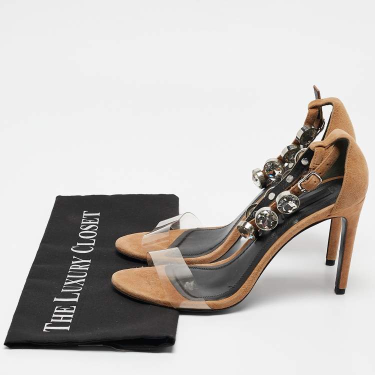 Pre Owned Alexander Wang Beige PVC and Suede Crystals Embellished Ankle Strap Sandals Size 38.5