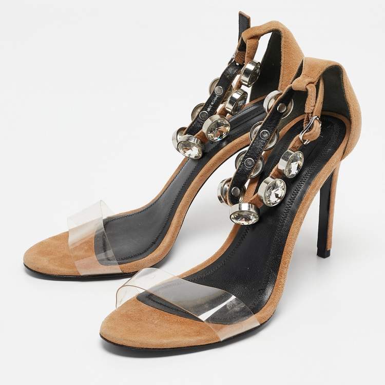 Pre Owned Alexander Wang Beige PVC and Suede Crystals Embellished Ankle Strap Sandals Size 38.5