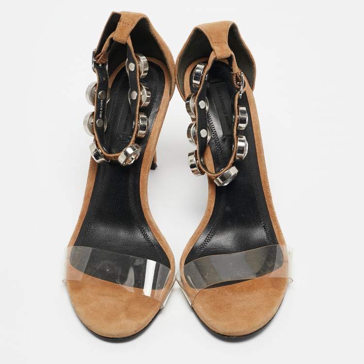 Pre Owned Alexander Wang Beige PVC and Suede Crystals Embellished Ankle Strap Sandals Size 38.5