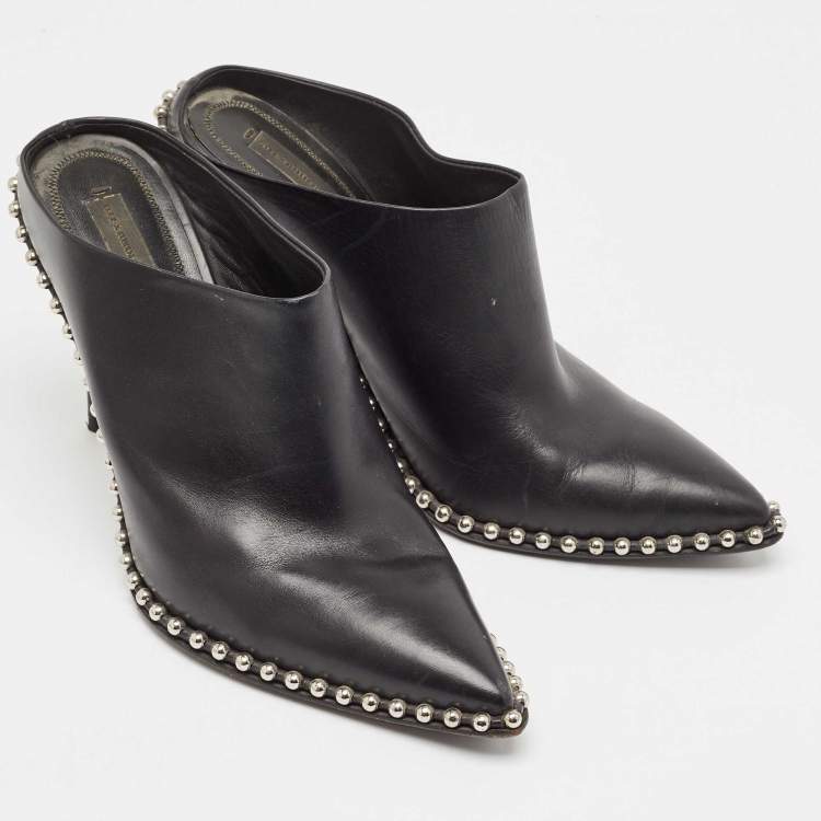 Pre Owned Alexander Wang Black Leather Eri Studded Pointed Toe Mules Size 39
