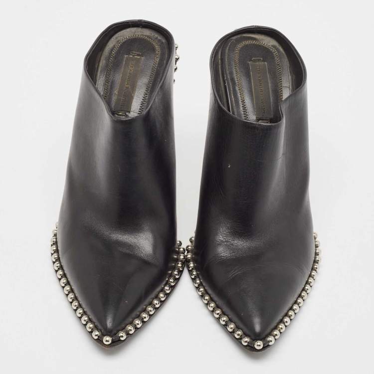 Pre Owned Alexander Wang Black Leather Eri Studded Pointed Toe Mules Size 39