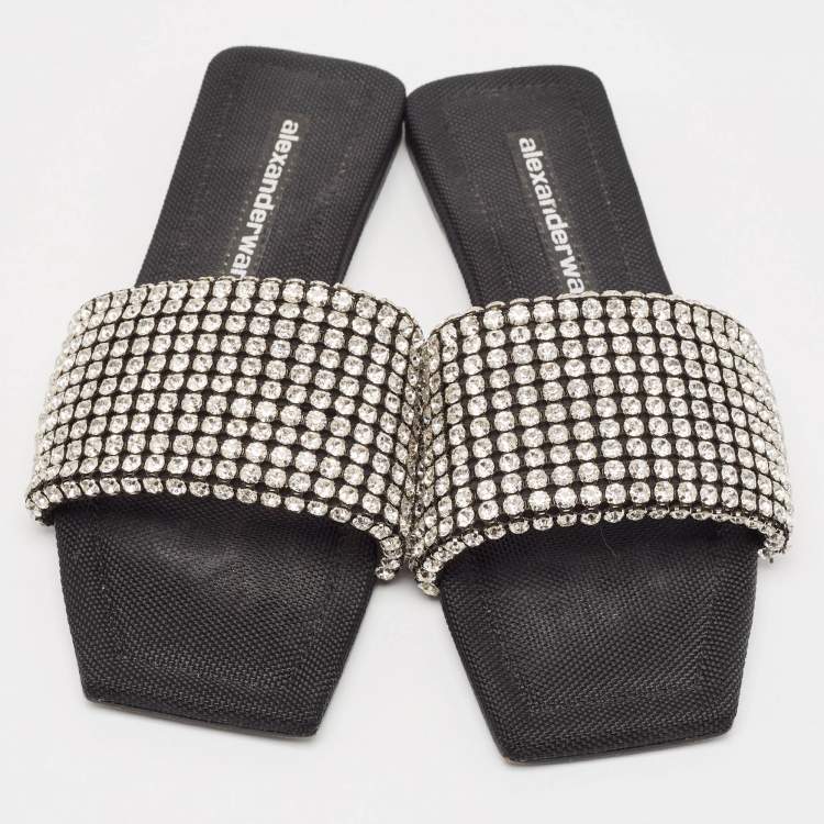 Pre Owned Alexander Wang Black Mesh Crystal Embellished Flat Sandals Size 37