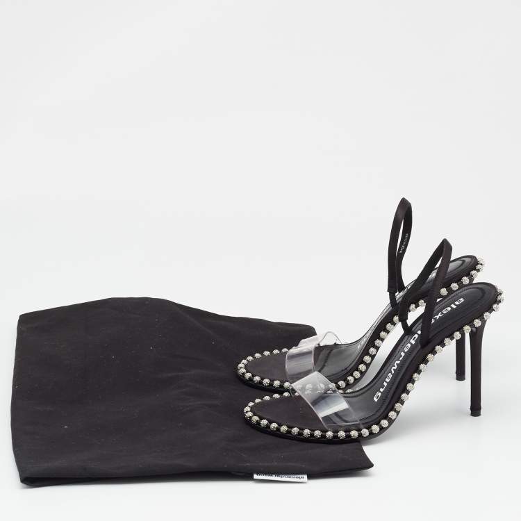 Pre Owned Alexander Wang Black Satin and PVC Studded Nova Slingback Sandals Size 37