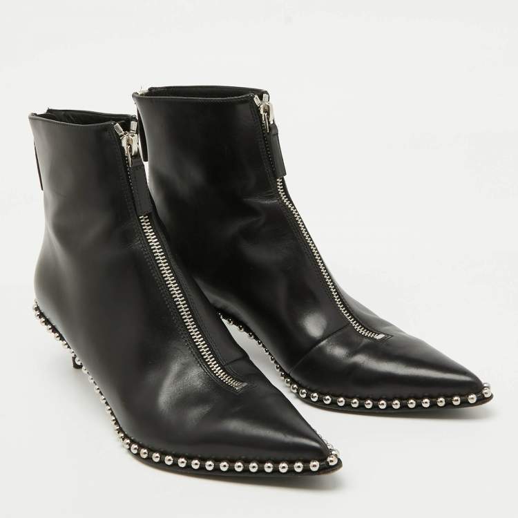 Pre Owned Alexander Wang Black Leather Eri Studded Pointed Toe Ankle Length Boots Size 36.5