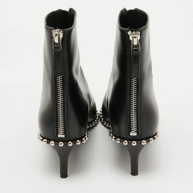 Pre Owned Alexander Wang Black Leather Eri Studded Pointed Toe Ankle Length Boots Size 36.5