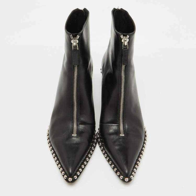 Pre Owned Alexander Wang Black Leather Eri Studded Pointed Toe Ankle Length Boots Size 36.5