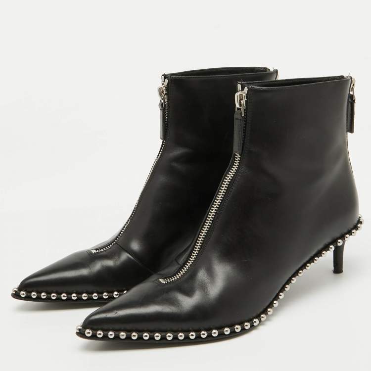 Pre Owned Alexander Wang Black Leather Eri Studded Pointed Toe Ankle Length Boots Size 36.5