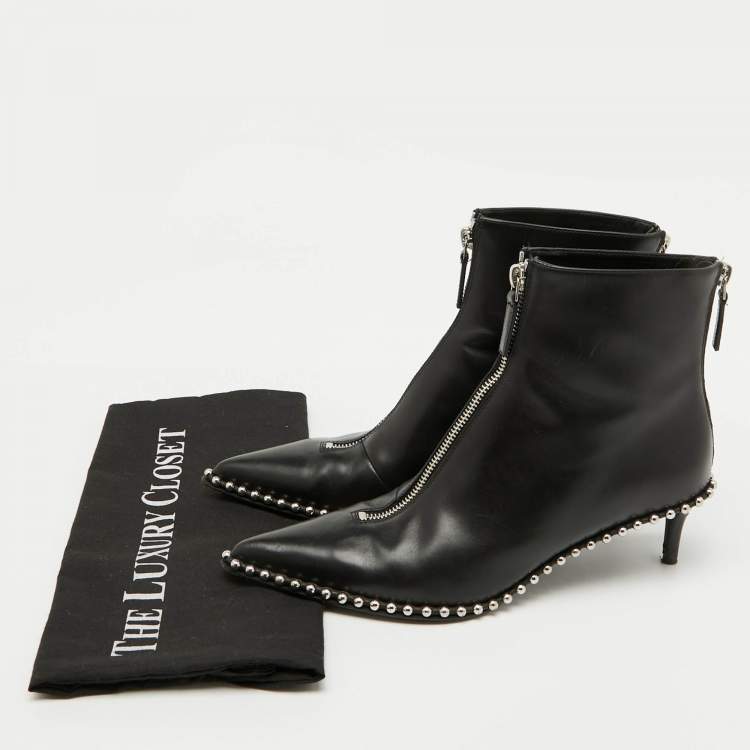 Pre Owned Alexander Wang Black Leather Eri Studded Pointed Toe Ankle Length Boots Size 36.5
