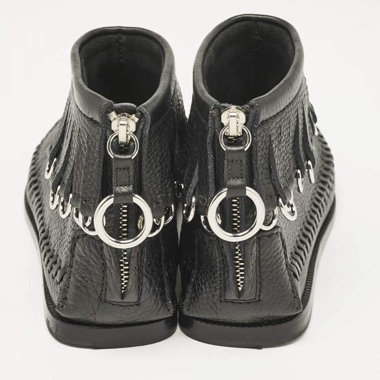 Pre Owned Alexander Wang Black Leather Fringe Montana Ankle Boots Size 38