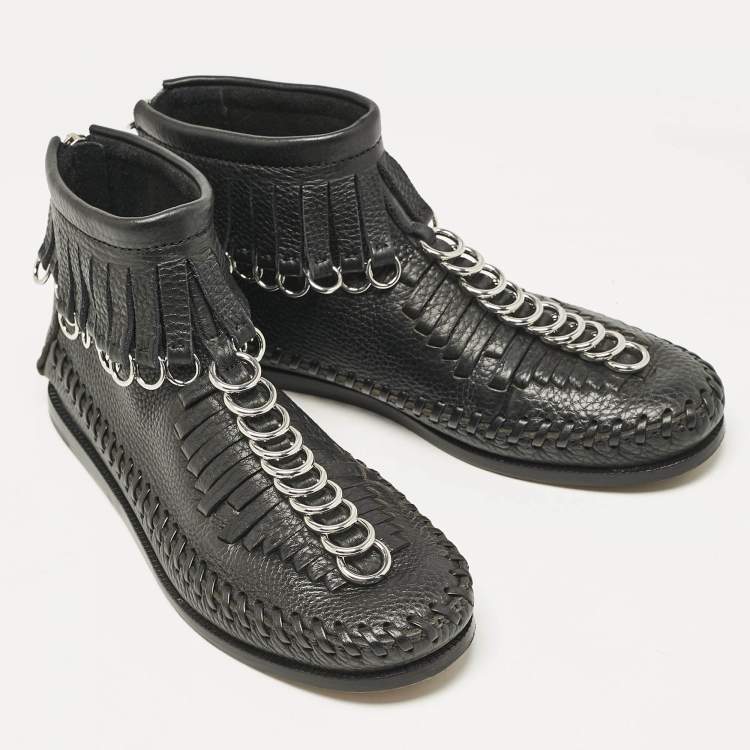 Pre Owned Alexander Wang Black Leather Fringe Montana Ankle Boots Size 38
