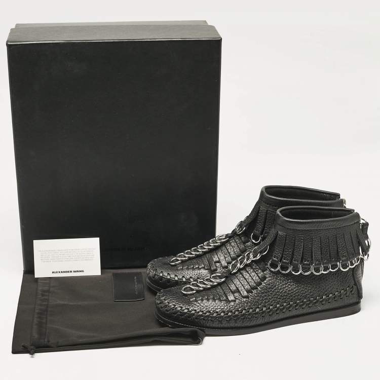 Pre Owned Alexander Wang Black Leather Fringe Montana Ankle Boots Size 38
