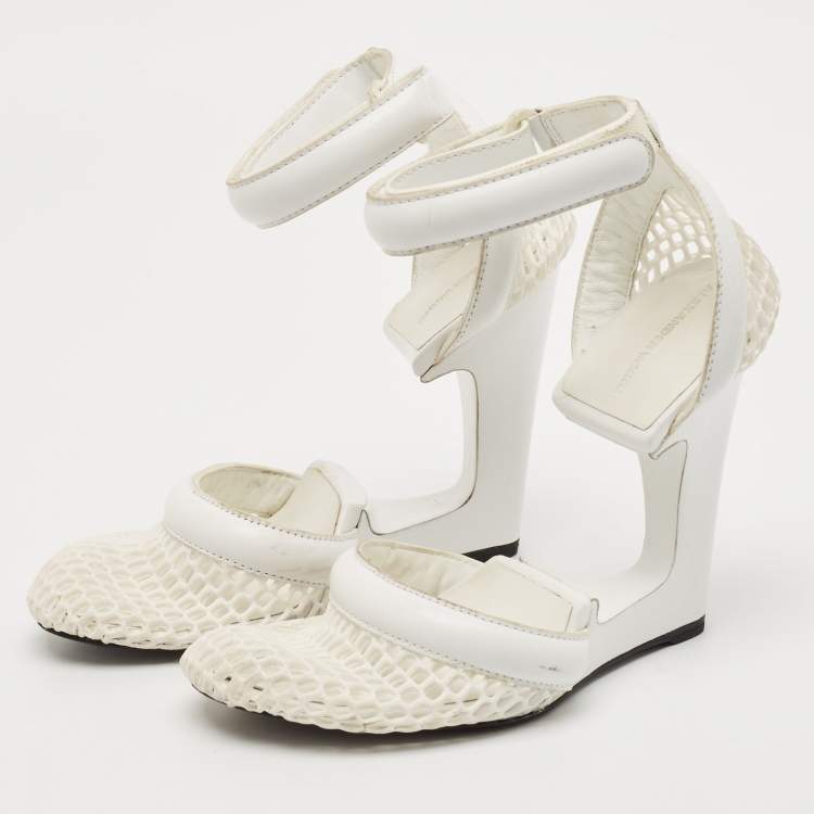 Pre Owned Alexander Wang White Leather and Mesh Ankle Wedge Ankle Strap Pumps Size 37
