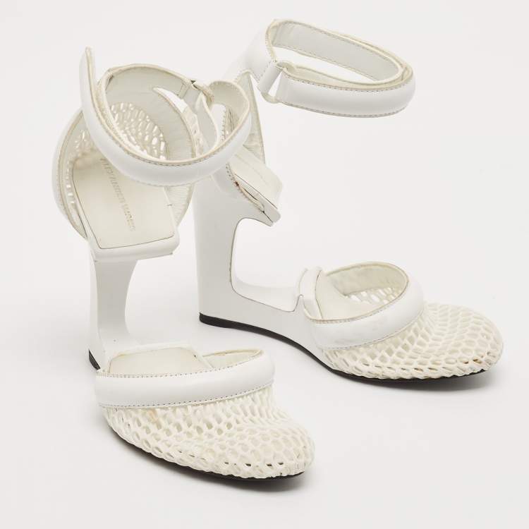 Pre Owned Alexander Wang White Leather and Mesh Ankle Wedge Ankle Strap Pumps Size 37