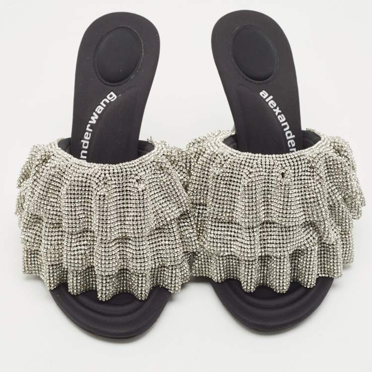 مملوكة مسبقًا Alexander Wang Black Fabric Crystal Embellished Nala Slide Sandals Size 36