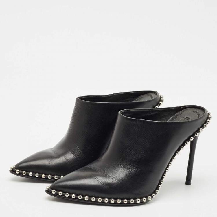 Pre Owned Alexander Wang Black Leather Eri Studded Pointed Toe Mules Size 37