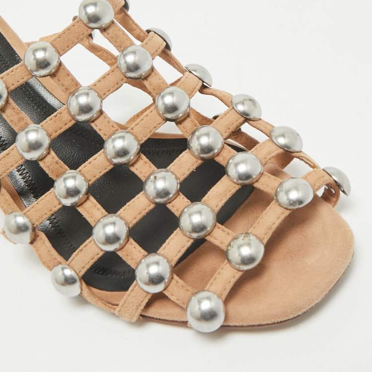 Pre Owned Alexander Wang Nude Suede Sadie Studded Caged Mule Sandals Size 39