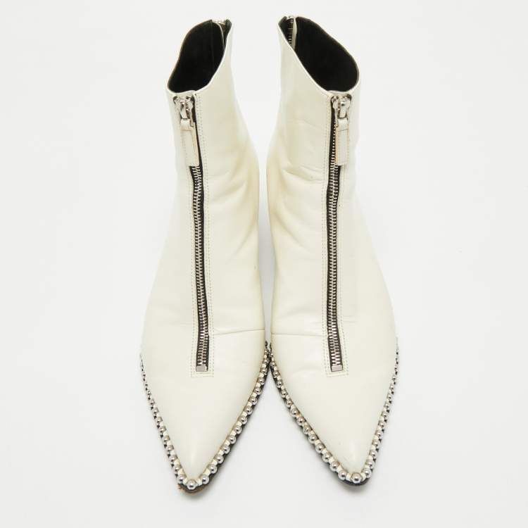 Pre Owned Alexander Wang White Leather Eri Studded Ankle Length Boots Size 41