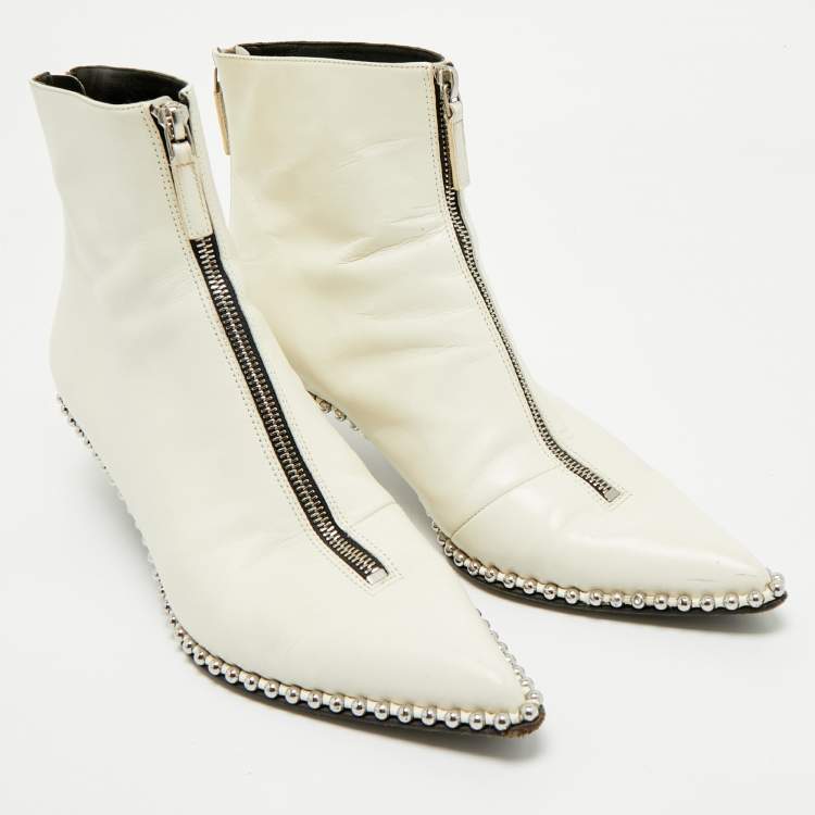 Pre Owned Alexander Wang White Leather Eri Studded Ankle Length Boots Size 41