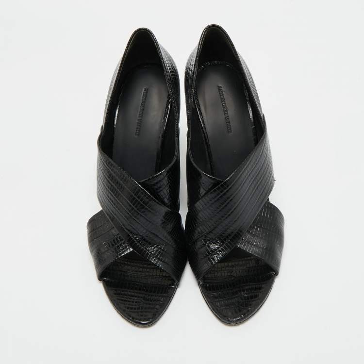 Pre Owned Alexander Wang Black Lizard Embossed Leather Cross Strap Wedge Sandals Size 40