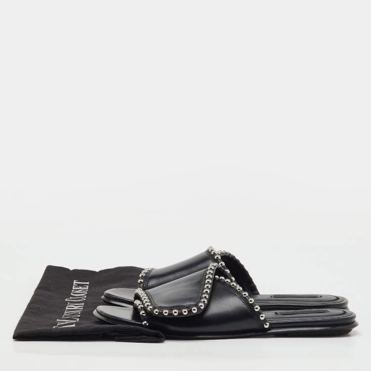 Pre Owned Alexander Wang Black Leather Leidy Studded Flat Slide Sandals Size 38
