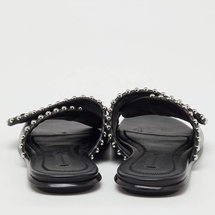 Pre Owned Alexander Wang Black Leather Leidy Studded Flat Slide Sandals Size 38