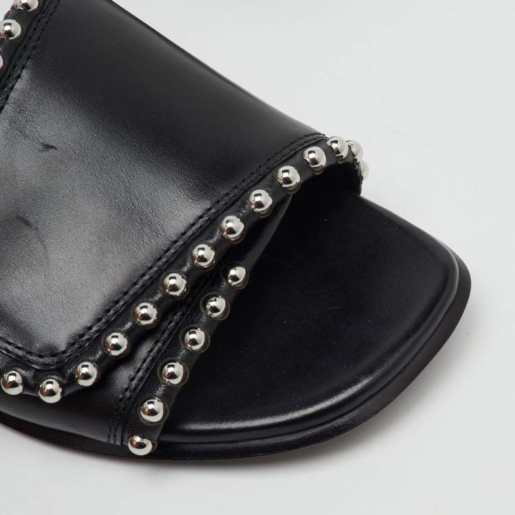 Pre Owned Alexander Wang Black Leather Leidy Studded Flat Slide Sandals Size 38