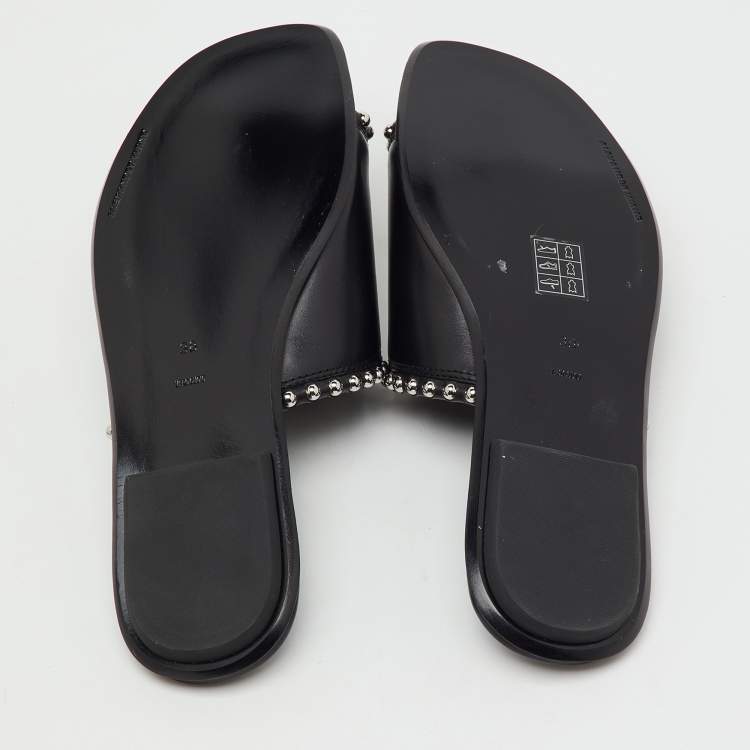 Pre Owned Alexander Wang Black Leather Leidy Studded Flat Slide Sandals Size 38