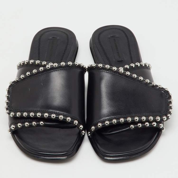 Pre Owned Alexander Wang Black Leather Leidy Studded Flat Slide Sandals Size 38