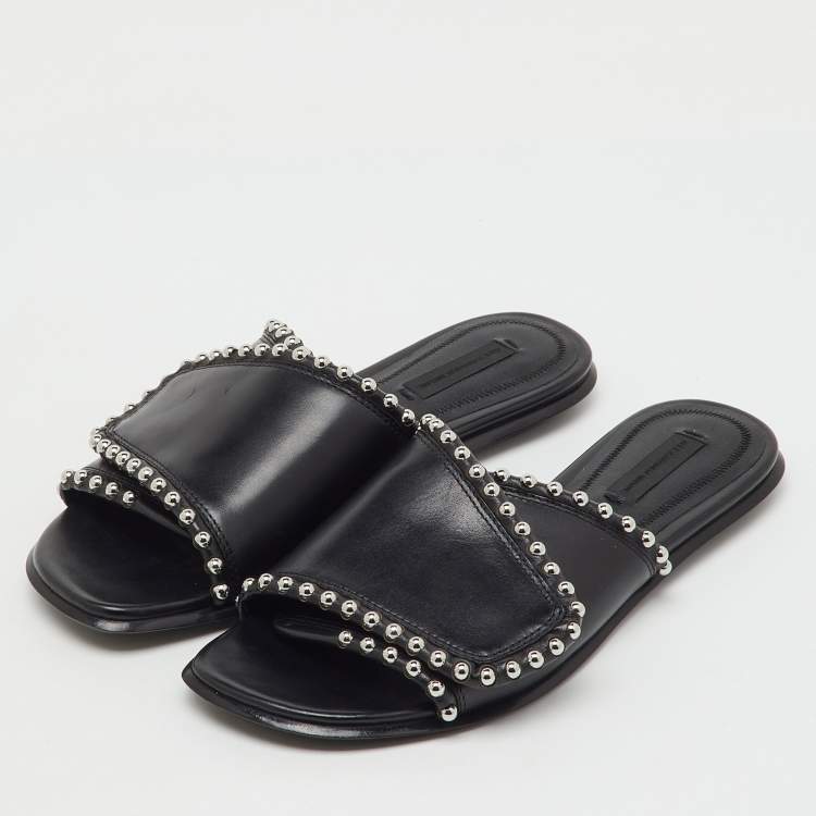Pre Owned Alexander Wang Black Leather Leidy Studded Flat Slide Sandals Size 38
