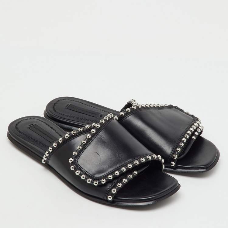 Pre Owned Alexander Wang Black Leather Leidy Studded Flat Slide Sandals Size 38
