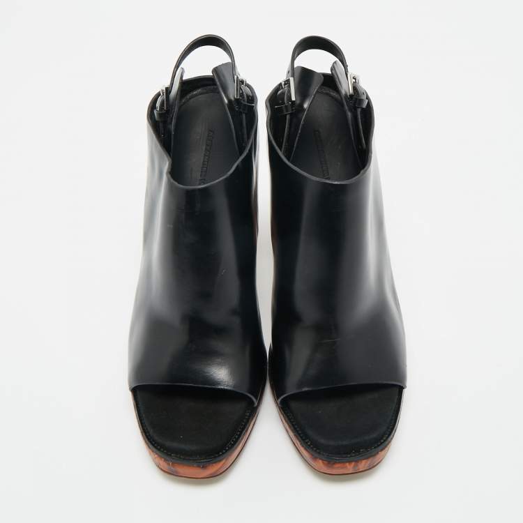 Pre Owned Alexander Wang Black Leather and Ostrich Leather Ankle Strap Sandals Size 37