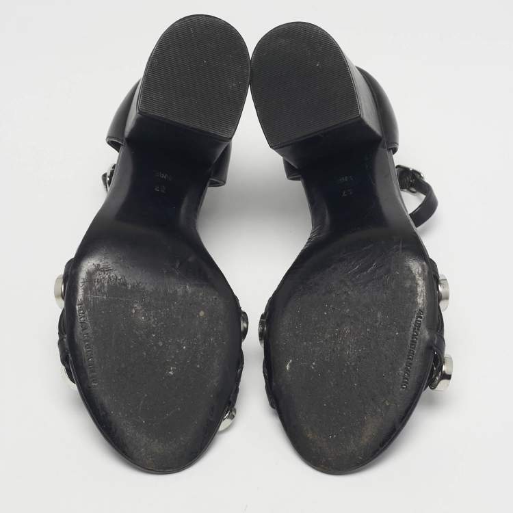 Pre Owned Alexander Wang Black Leather Crystal Embellished Abby Ankle Strap Sandals Size 37