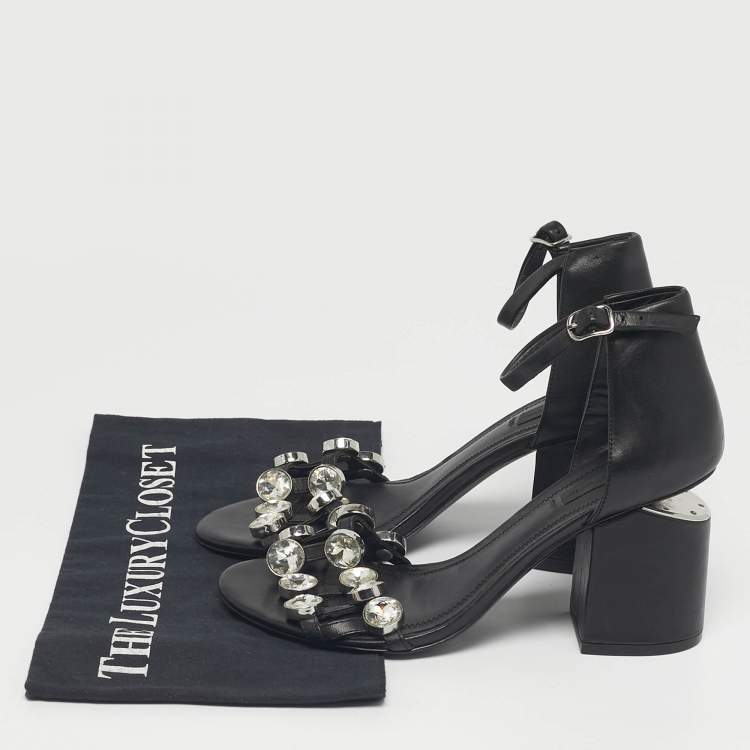 Pre Owned Alexander Wang Black Leather Crystal Embellished Abby Ankle Strap Sandals Size 37