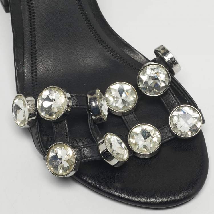 Pre Owned Alexander Wang Black Leather Crystal Embellished Abby Ankle Strap Sandals Size 37