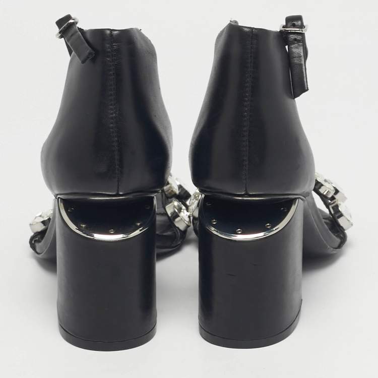 Pre Owned Alexander Wang Black Leather Crystal Embellished Abby Ankle Strap Sandals Size 37