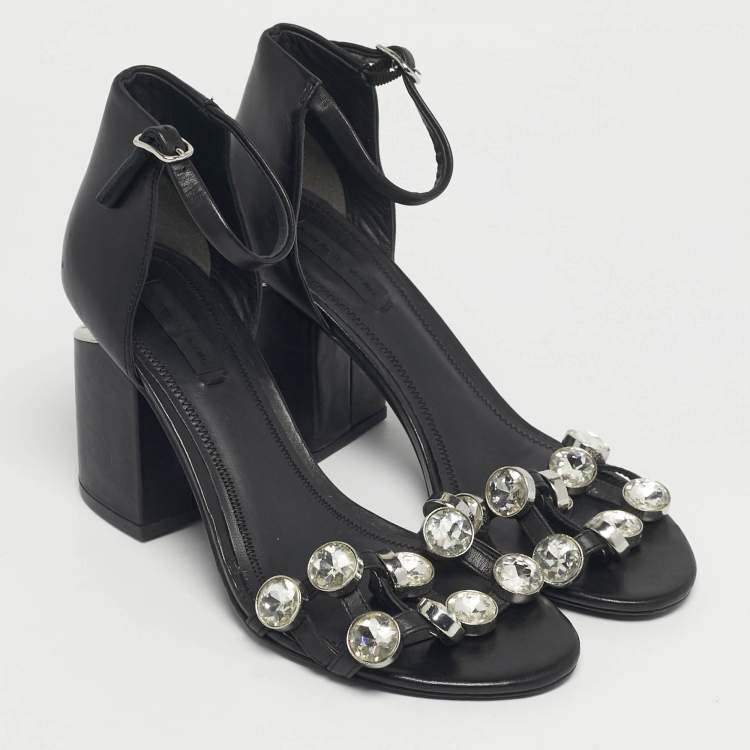 Pre Owned Alexander Wang Black Leather Crystal Embellished Abby Ankle Strap Sandals Size 37