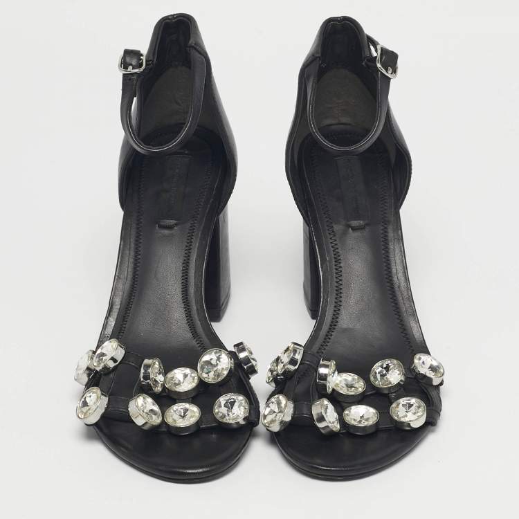 Pre Owned Alexander Wang Black Leather Crystal Embellished Abby Ankle Strap Sandals Size 37