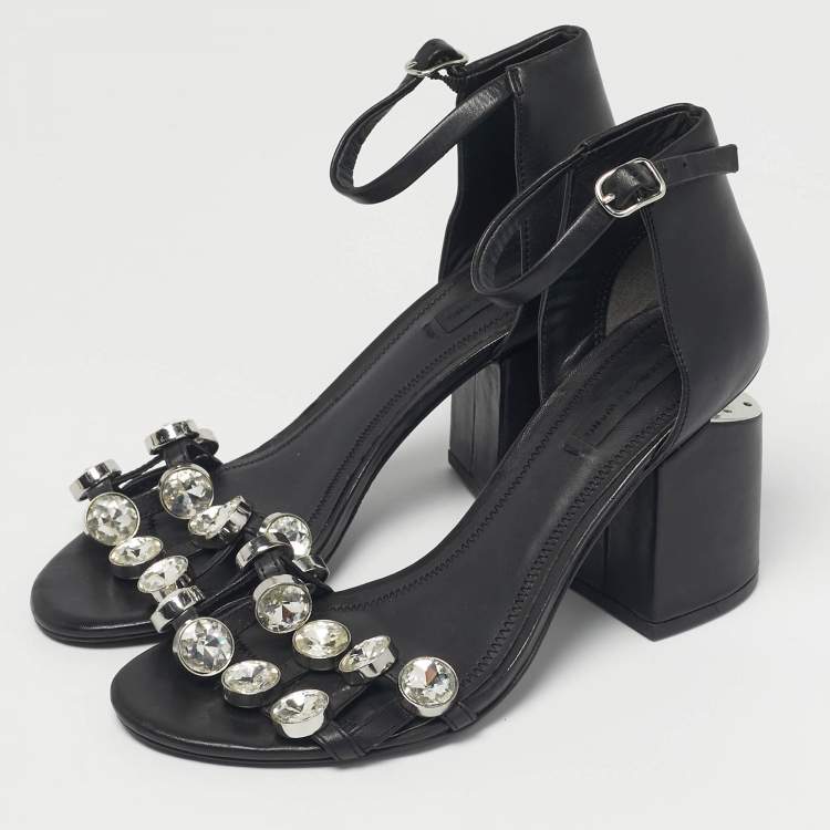 Pre Owned Alexander Wang Black Leather Crystal Embellished Abby Ankle Strap Sandals Size 37