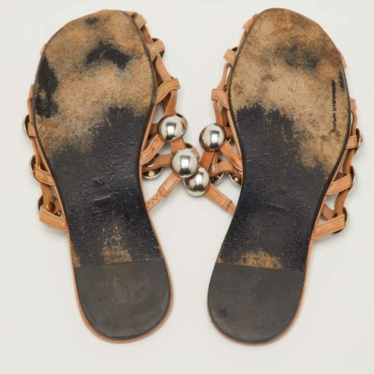 Pre Owned Alexander Wang Amelia Size 36 Beige Leather Studded Flat Mules