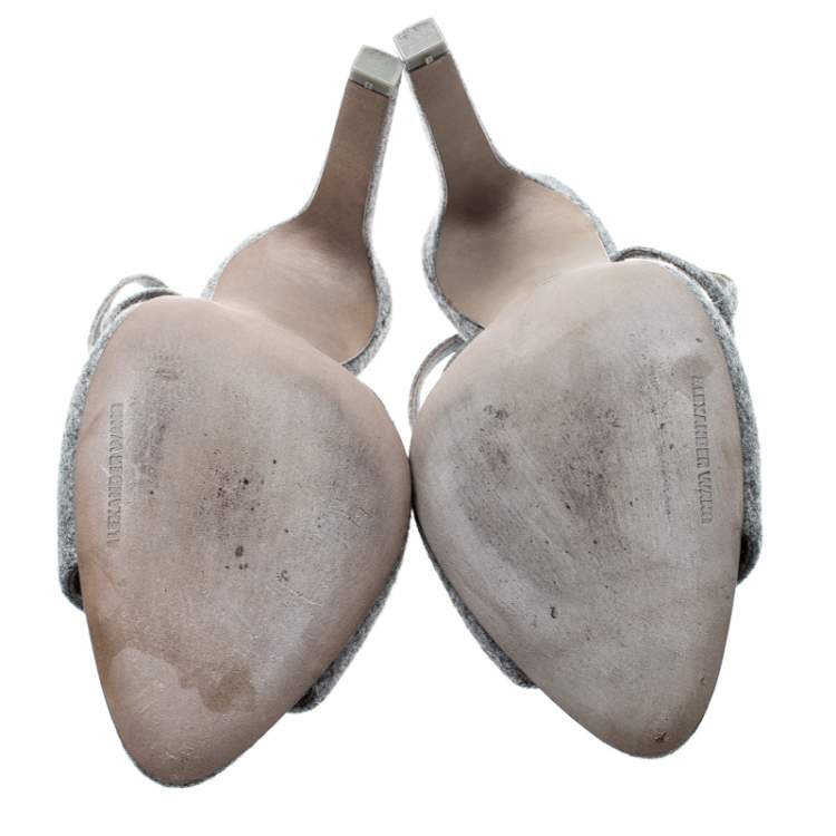 Pre Owned Alexander Wang Grey Wool Fabric Maryna Peep Toe Slingback Sandals Size 39.5