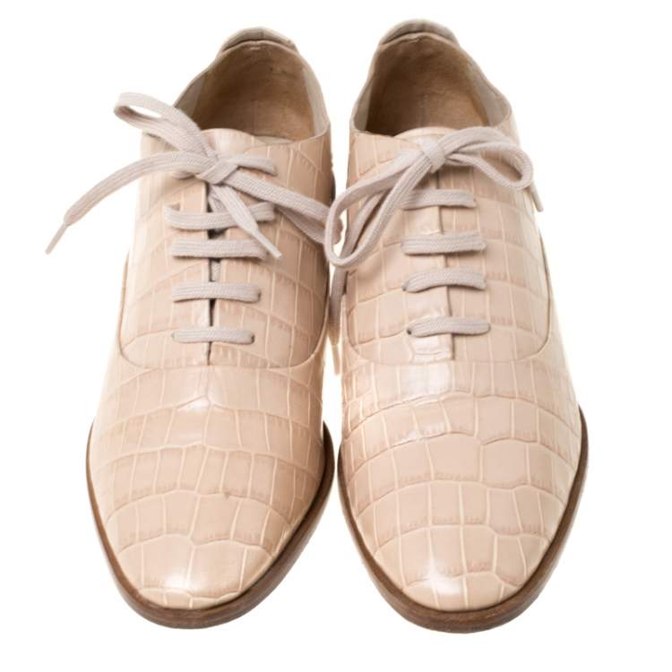 Pre Owned Alexander Wang Beige Croc Embossed Leather Ingrid Lace Up Oxfords Size 38