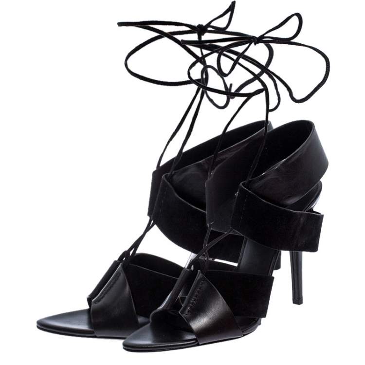 Pre Owned Alexander Wang Black Leather and Suede Malgosia Ankle Wrap Sandals Size 39.5