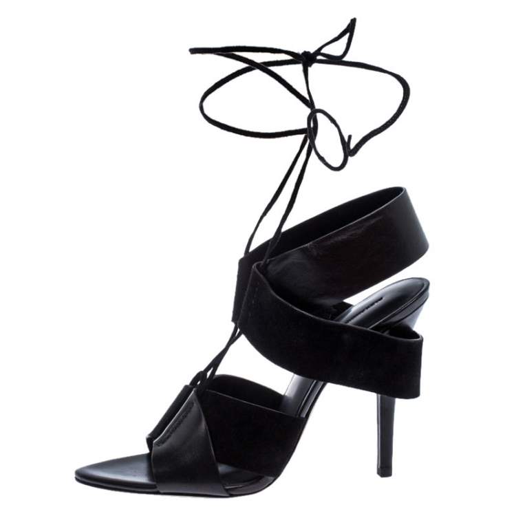 Pre Owned Alexander Wang Black Leather and Suede Malgosia Ankle Wrap Sandals Size 39.5